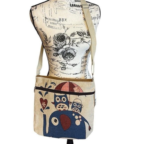 Owl and Elephant Tapestry Crossbody Cream and Blue - Picture 3 of 6